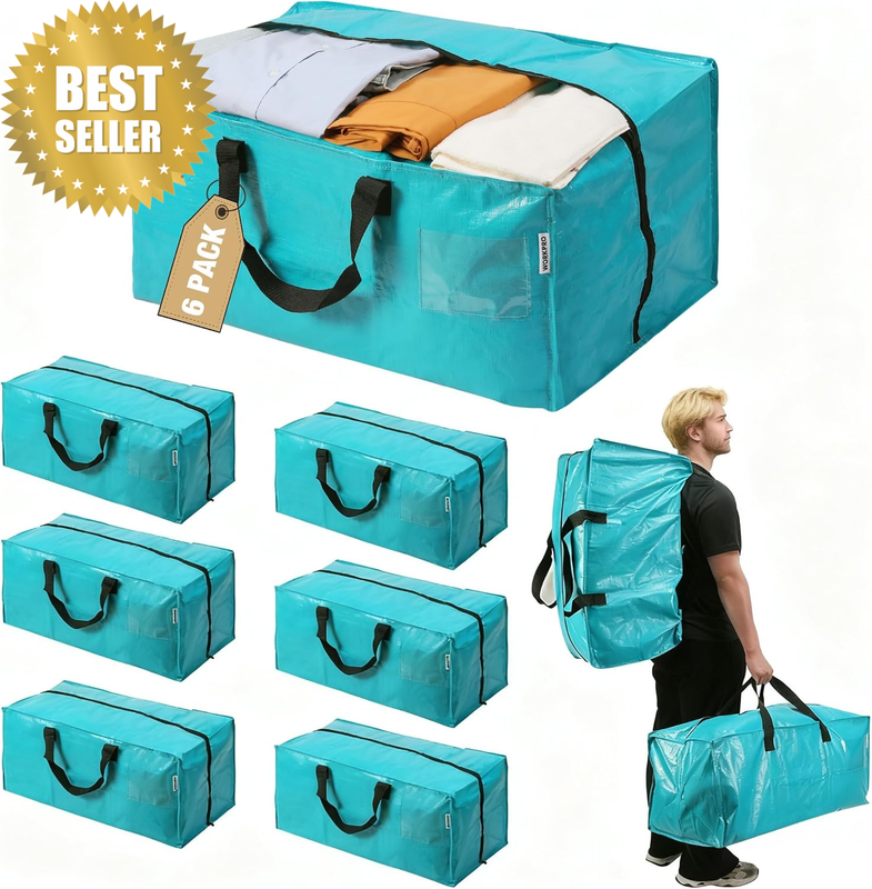 6 Pack Extra Large Moving Bags with Zippers & Carrying Handles Backpack Straps,