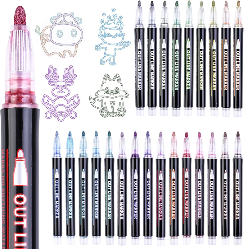 SGDZVD Super Squiggles Outline Markers, 24 Colors Self-Outline Metallic Markers