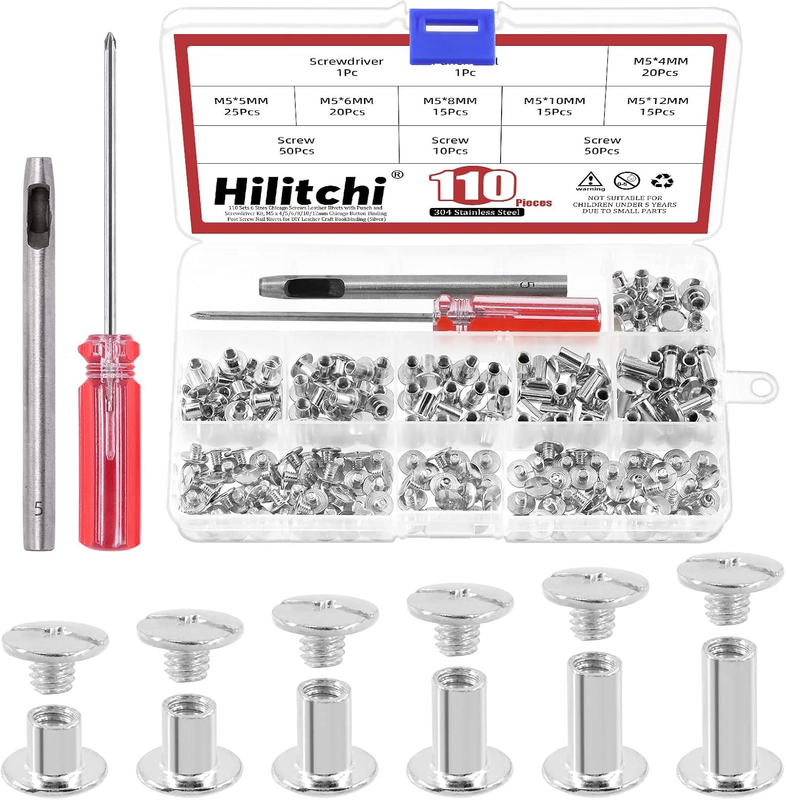 110 Sets Silver Chicago Screws Flat Head Screws Leather Rivets, Carbon Steel Rou