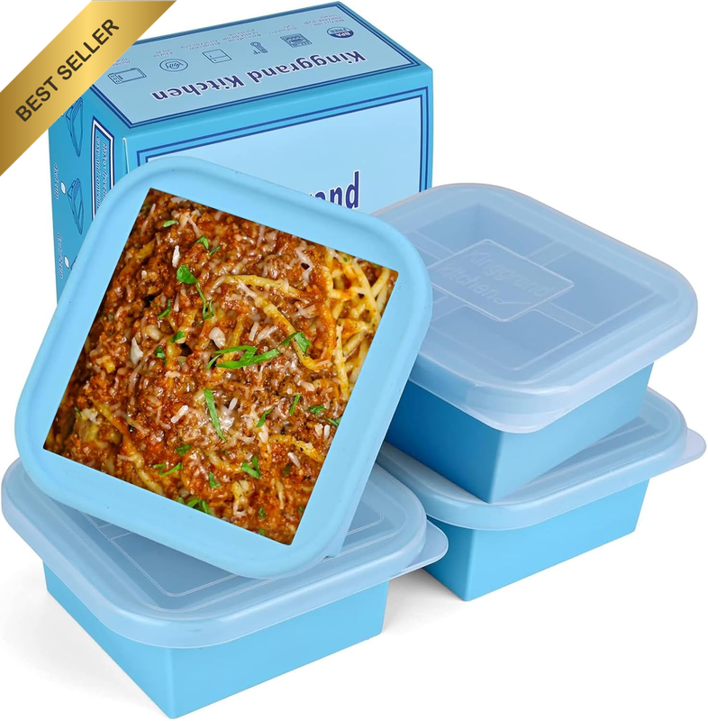 4 Pack Silicone Freezer Trays with Lids, 2-Cup Portions, Square, Aqua