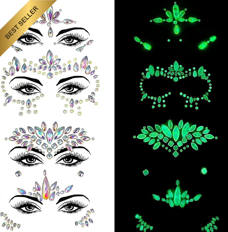 Crystals Face Gems Glitter Jewels, 4 PCS Glow in the Dark Temporary Tattoos, Fac