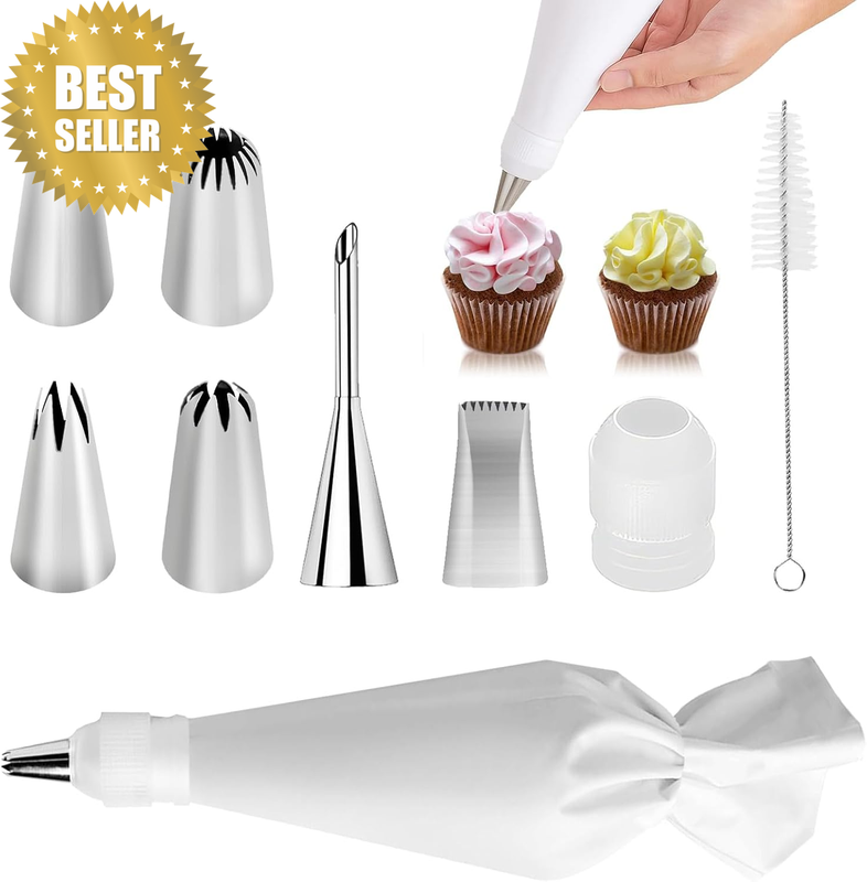 Piping Bags and Tips Set, 9-Piece Reusable Cotton Baking Kit with Stainless Stee