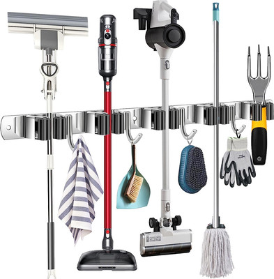 Heavy Duty Metal Mop and Broom Holder, Rust Proof, 5 Racks, 4 Hooks, Sturdy Stai