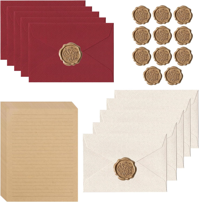 30Pcs Vintage Letter Writing Set with 10 Linen Envelopes in Red and Cream, 10 A5