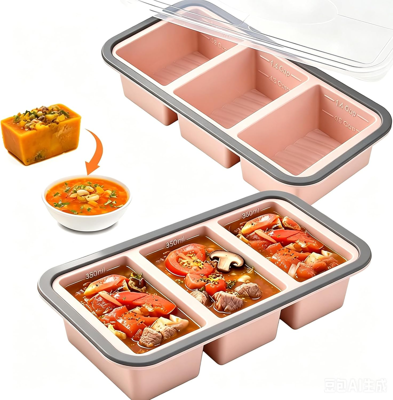 2-Pack Silicone Freezer Tray with Lid, 1.4 Cup/ 350ML Silicone Soup Freezer Cont