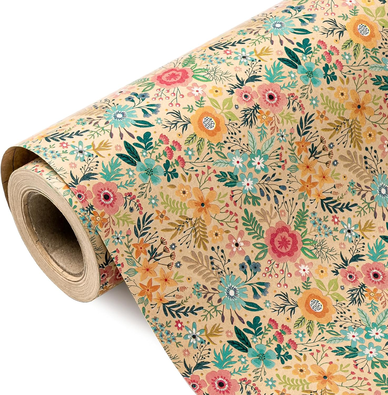 Kraft Floral Wrapping Paper Roll - Mini Roll - 17 Inch X 9.8 Feet - Spring Summe