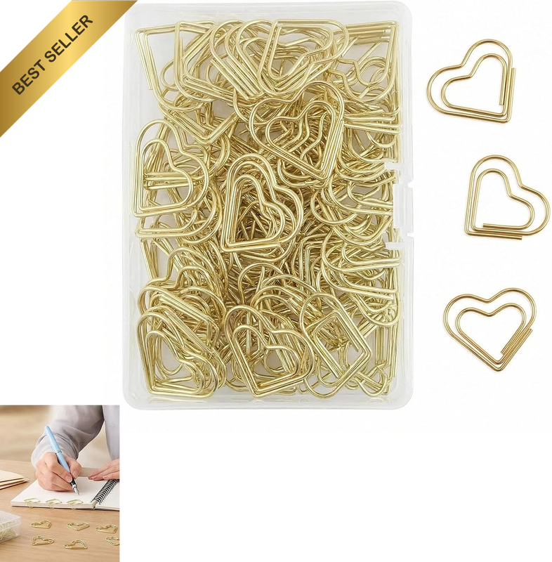 100 Pcs Gold Heart-Shaped Paper Clips, Metal Document Organizer Clips with Stora