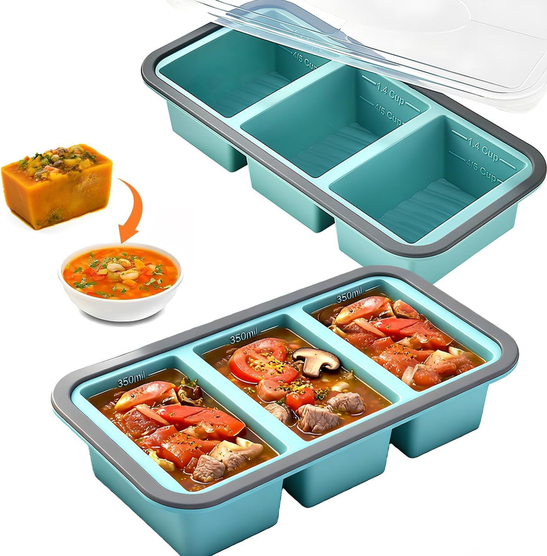 2-Pack Silicone Freezer Tray with Lid, 1.4 Cup/ 350ML Silicone Soup Freezer Cont