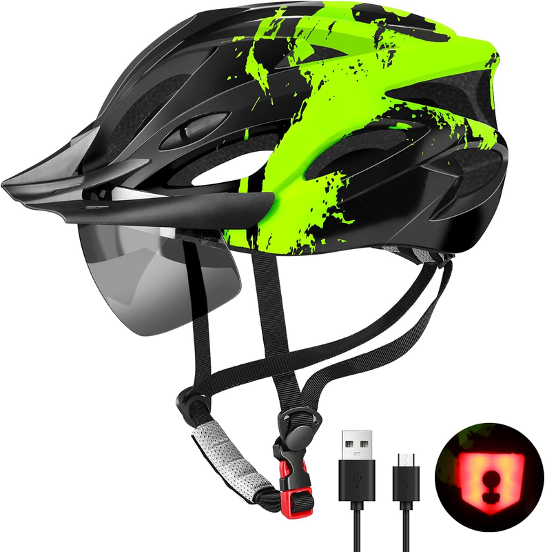 Bike Helmet with USB Rechargeable LED Light Detachable Goggles and Sun Visor, Mo