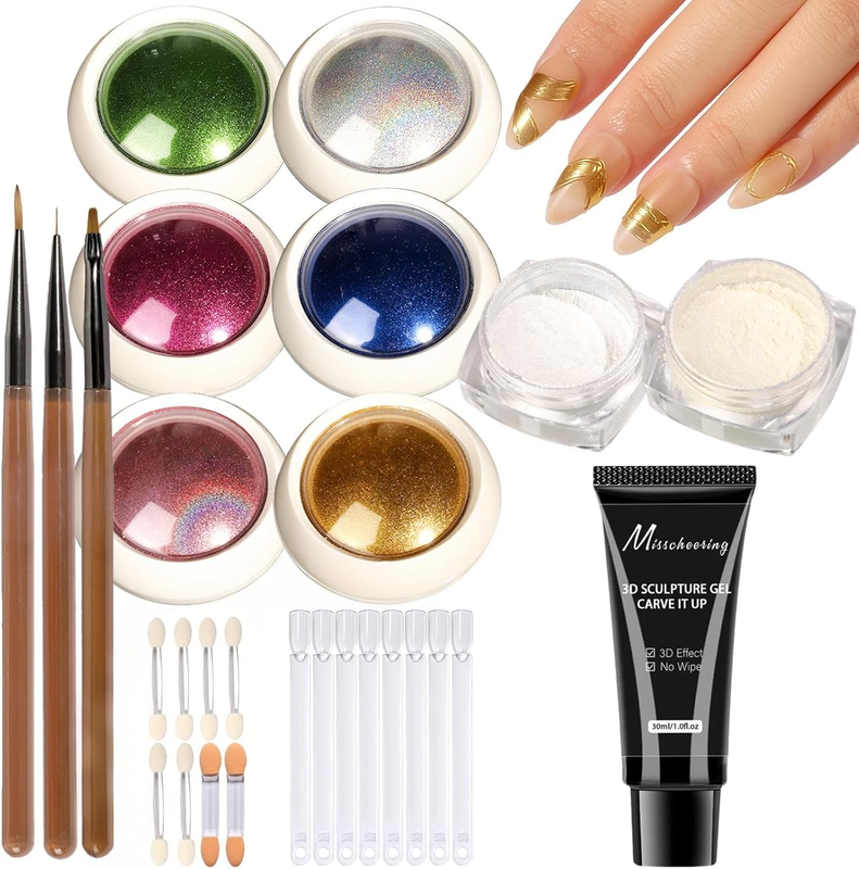 Chrome Nail Powder Kit with 3D Sculpting Gel,- Professional Nail Art Tools,For H