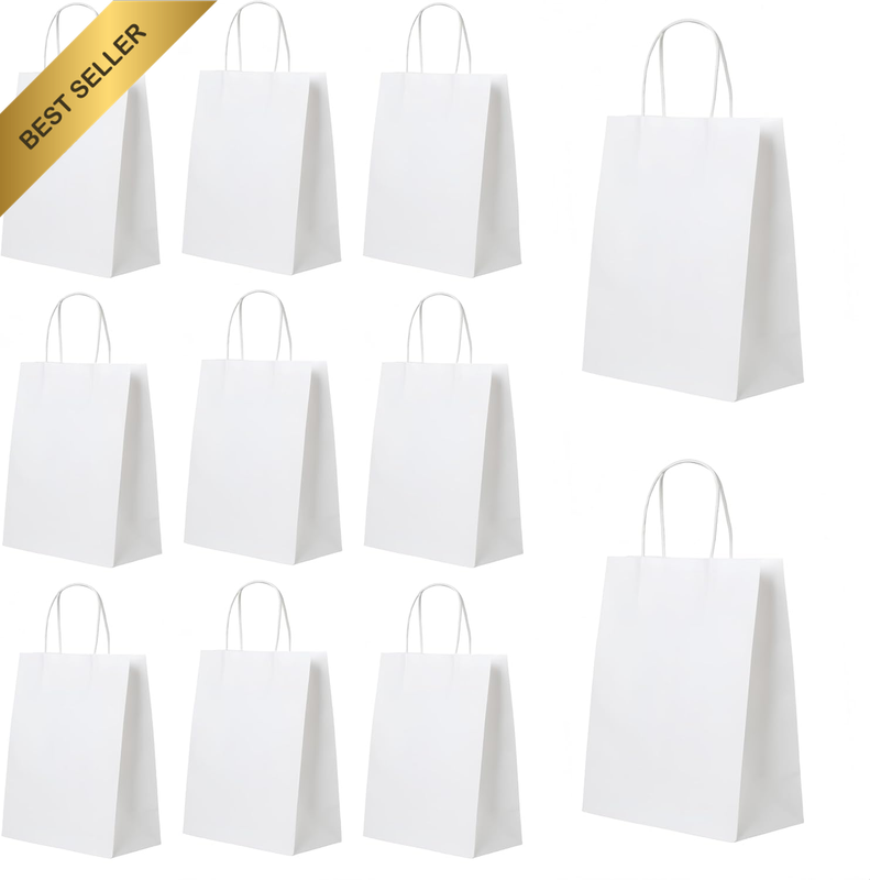 50 Pcs White Gift Bags 15 X 8 X 21Cm, Paper Bags, Kraft Paper Bags with Handles