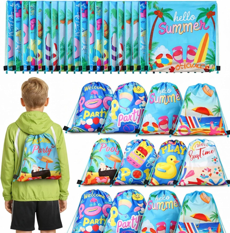 Hosuly 24 Pcs Summer Pool Party Favor Drawstring Bags Hawaiian Backpacks Swimmin