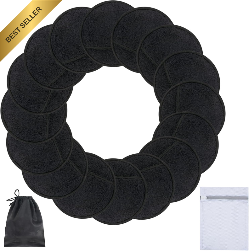 16 Pack Reusable Makeup Remover Pads with Laundry Bag Black 8Cm