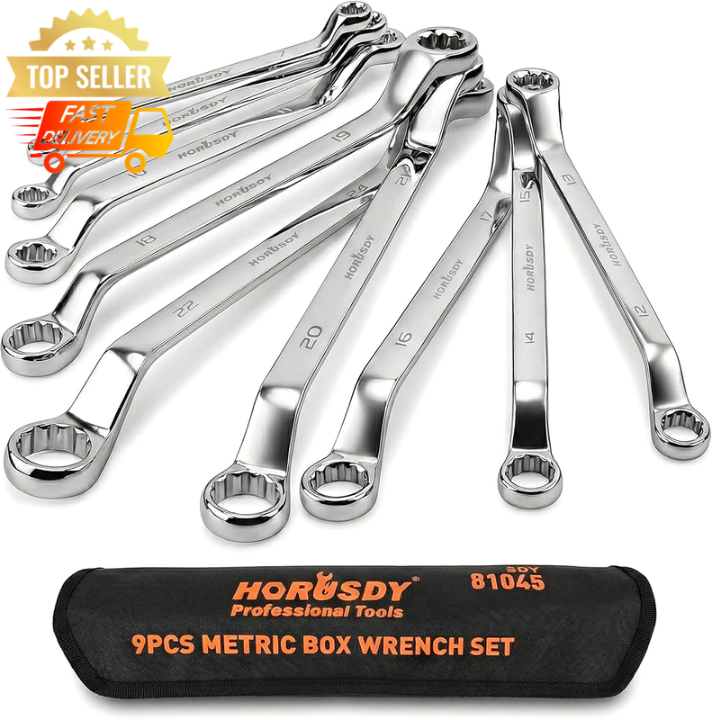 9-Piece Metric Offset Spanner Set 6-24mm, 75° Double Box End, CR-V Steel