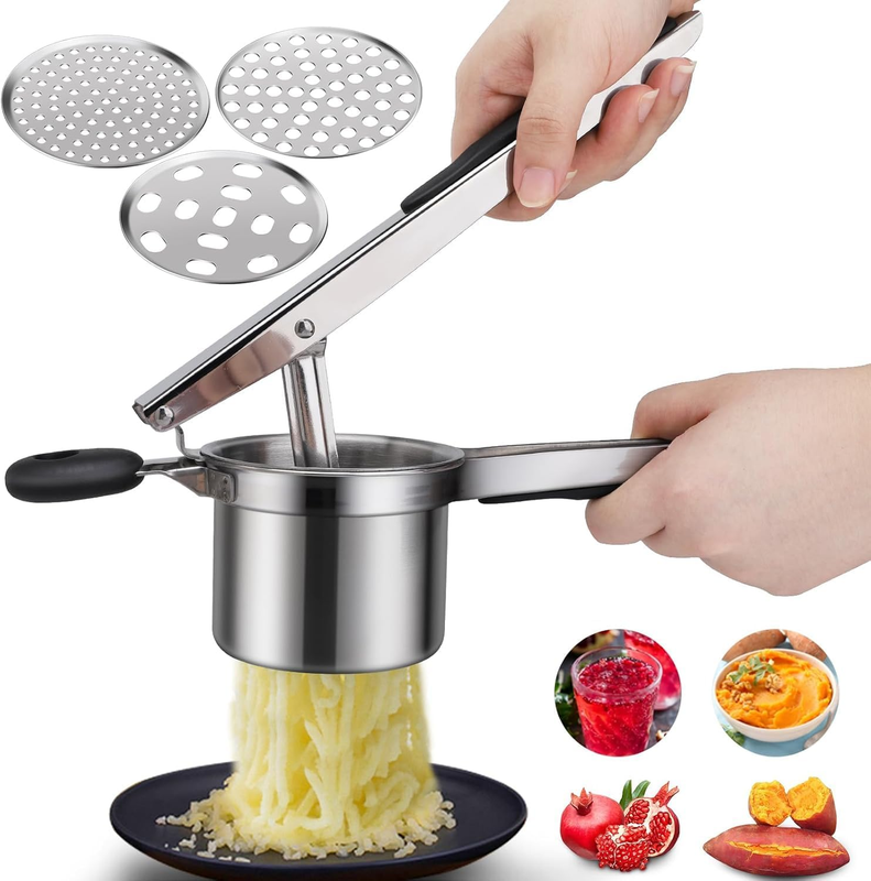 Thick Stainless Steel Potato Ricer with 3 Hole Discs Multi-Purpose Potato Masher