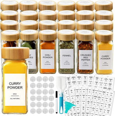 24 Pcs Glass Spice Jars with Bamboo Airtight Lids and 398 Labels