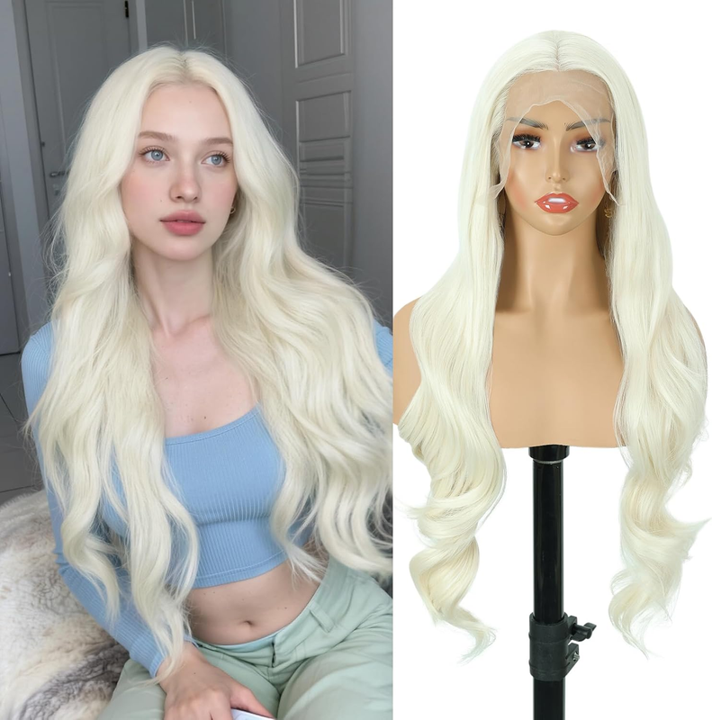 28 Inch Lace Front Wig Long Body Wave Synthetic Hair with Natural Hairline Free