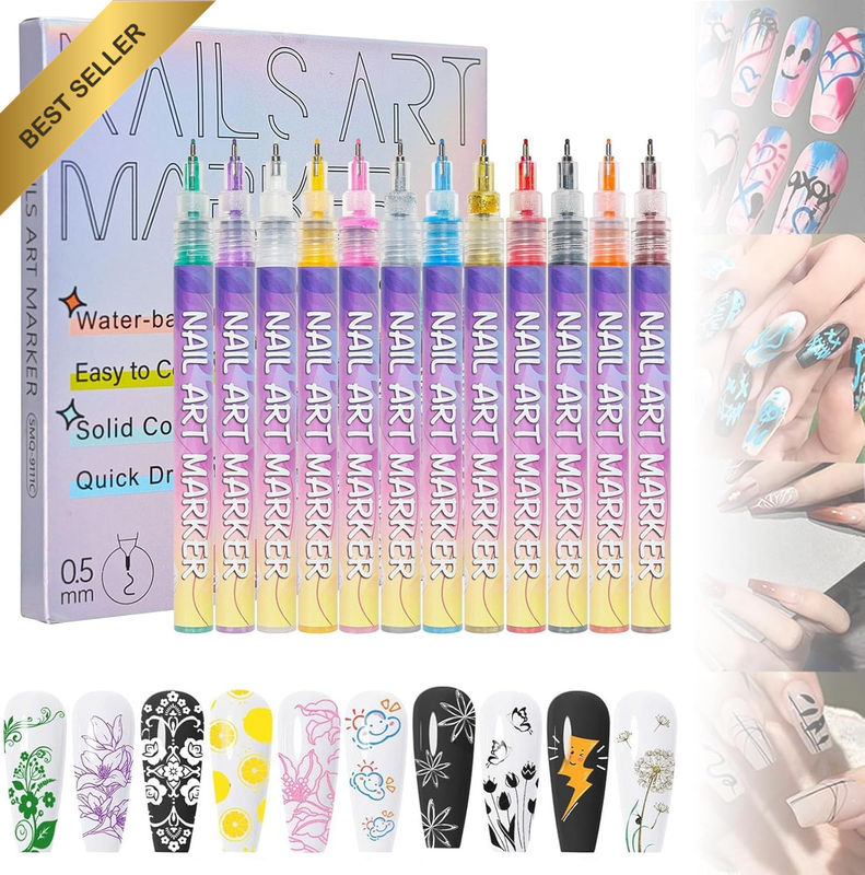 12 Colors Nail Art Pens Set, 0.5Mm Nail Art Marker, Ail Polish Pens Set, Waterpr