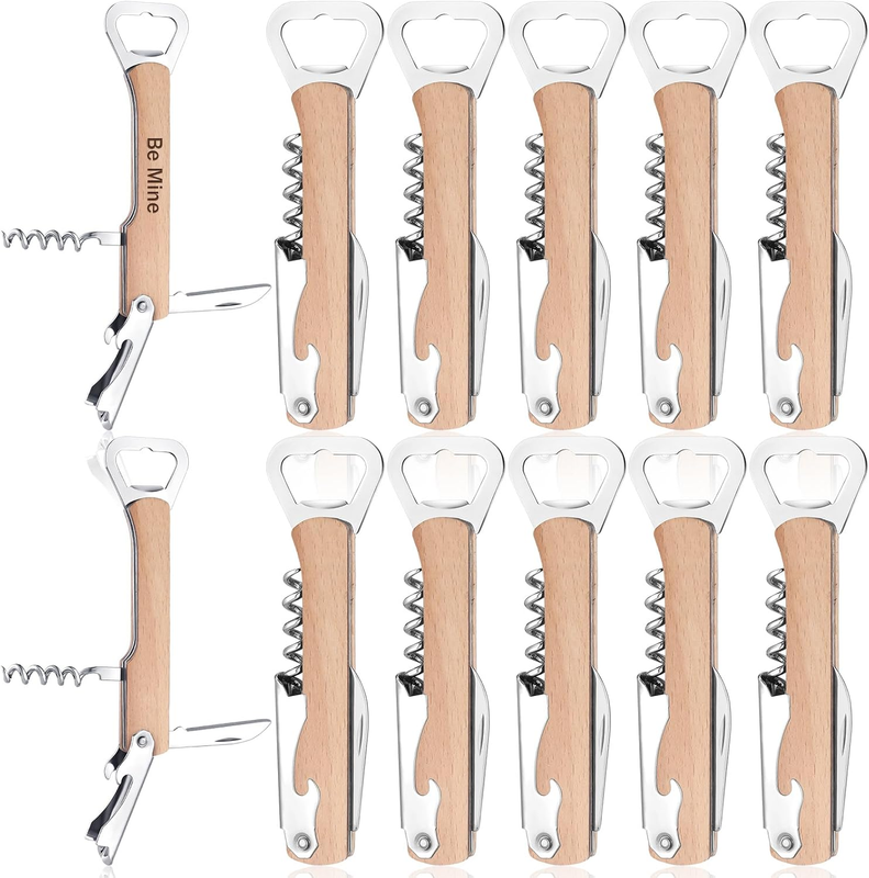 12Pcs Wood Wine Bottle Opener 4 in 1 Corkscrew Engraving, Khaki