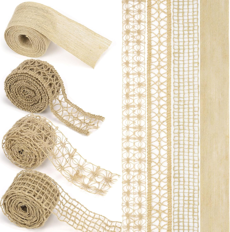 4 Rolls Burlap Lace Craft Ribbon Trim Craft Ribbon, Natural Net Ribbon DIY Craft