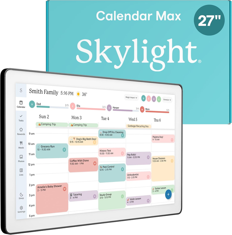 Calendar Max: 27-Inch Smart Digital Calendar & Chore Chart, Family Organizer with Interactive Touchscreen Display – Wall Mountable in Portrait or Landscape, Charcoal Shadowbox Frame