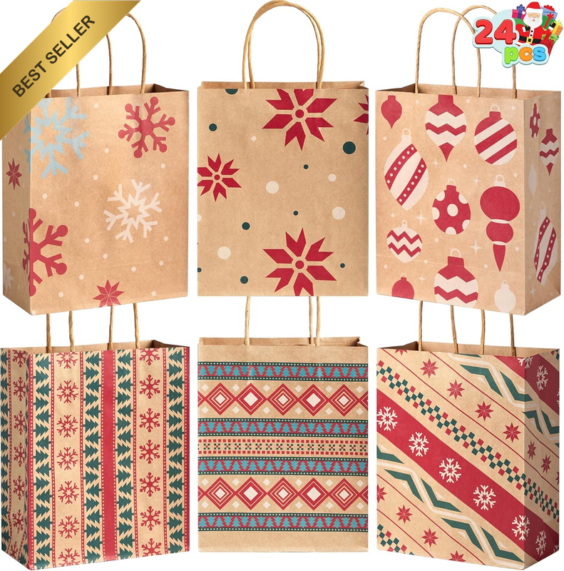 24PCS Brown Christmas Kraft Gift Bags w/ Handles 9x7.3x3.3