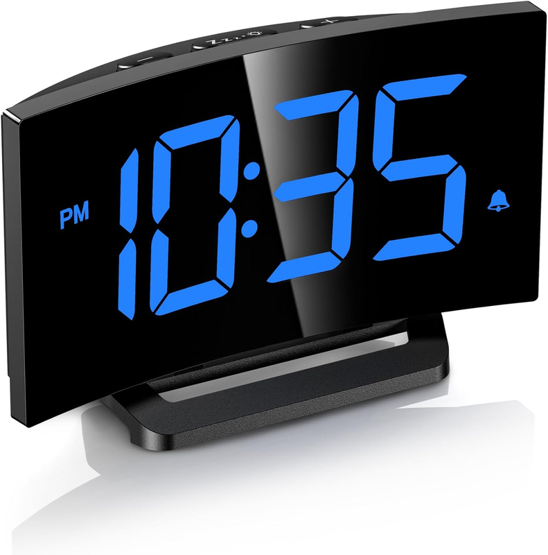Digital Alarm Clock for Bedrooms, Modern Curved Design, Conspicuous Blue LED Num