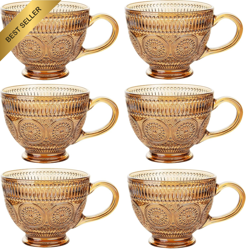 2/4/6 Pack Large Embossed Glass Tea Cup, Ribbed Glass Coffee Mug Set, Coffee Cup