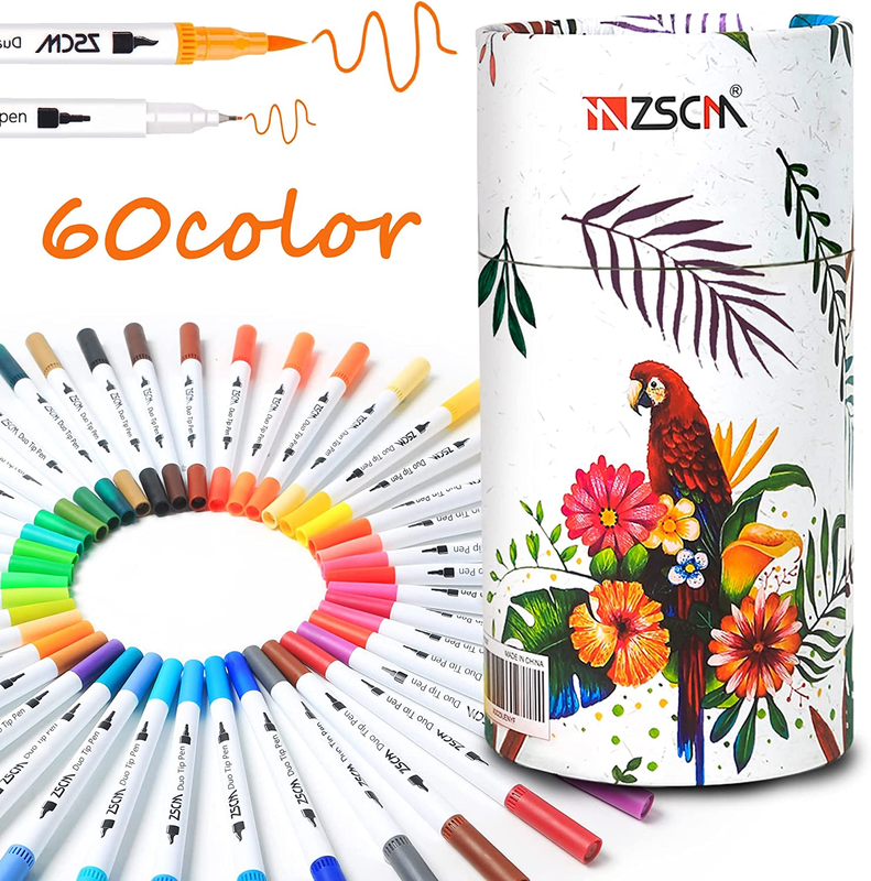 ZSCM Duo Tip Brush Markers, 60 Colors Adult Coloring Books Drawing Colored Pens