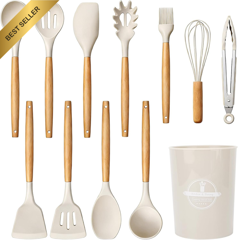 Kitchen Utensil Set, 12 Piece, Silicone Cooking Tools with Wooden Handle, Nonsti