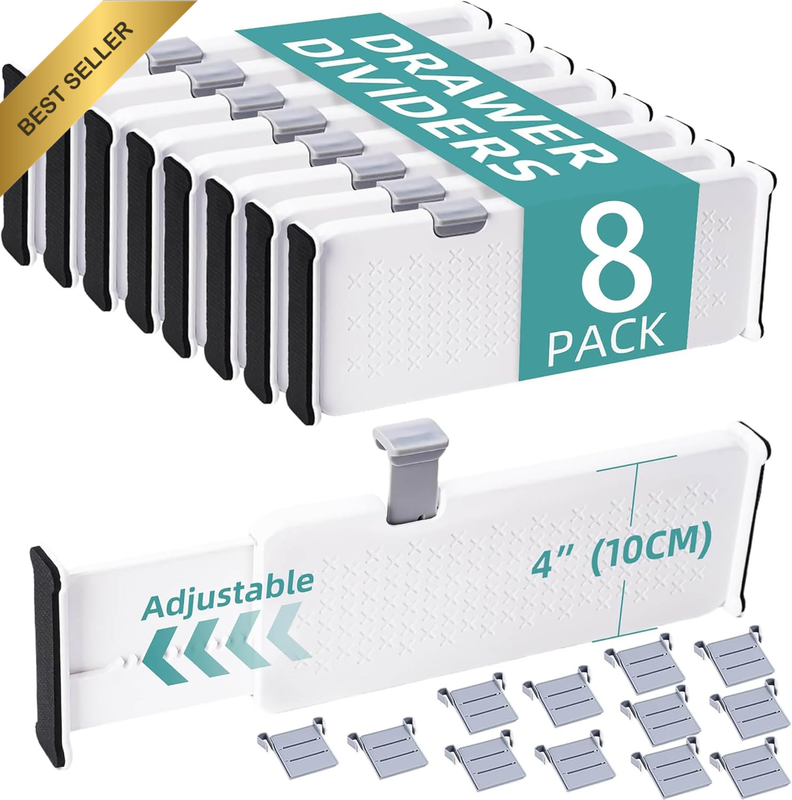 8 Pack Adjustable Drawer Divider Organiser (With 18 Inserts) for Clothes Kitchen