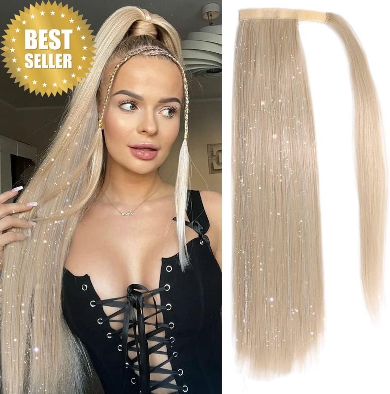 26 Inch Blonde Ponytail Extension Long Straight Fake Hair Extensions Tinsel Pony