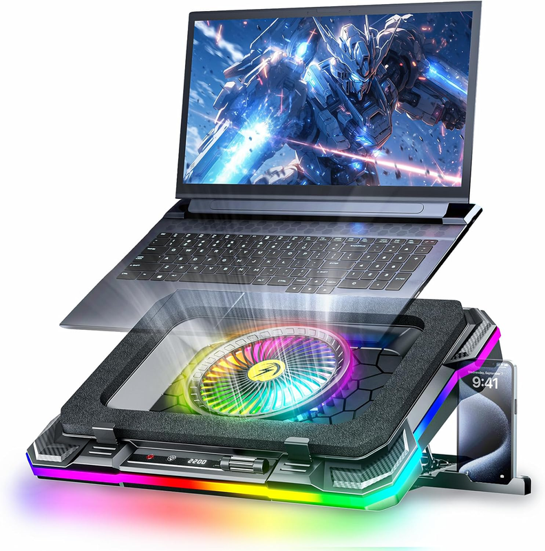 Gaming Laptop Cooling Pad, Laptop Fan Cooling Pad with 5.5Inch RGB External Cooling Fan, Rapid Cooling Laptop 15.6-19.3Inch, 8 Height Stands, 2 USB Ports, Phone Holder-K1 5V RGB