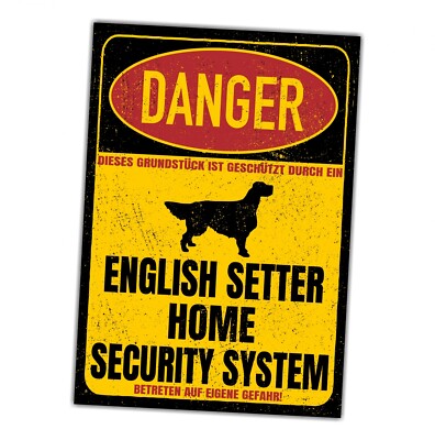 English Setter Dog Schild Danger Security System Türschild Hundeschild Warnschil