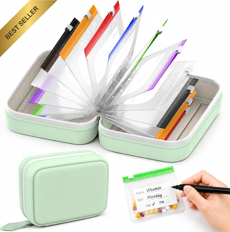 Waterproof Pill Pouch Set, Travel Medicine Organizer with 14 Reusable Clear Pouc