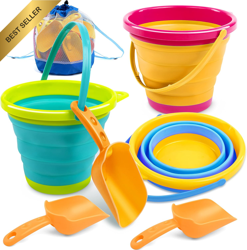 3 Pack Foldable Pail Buckets with Shovels & Mesh Bag, Collapsible for Beach, Cam