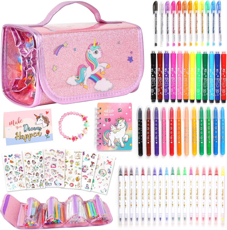 64 Pcs in 1 Washable Coloring Markers Set with a Portable Unicorn Pen Case for K
