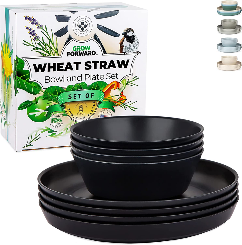 Premium Wheat Straw Plates and Bowls Sets - 8 Unbreakable Microwave Safe Dishes