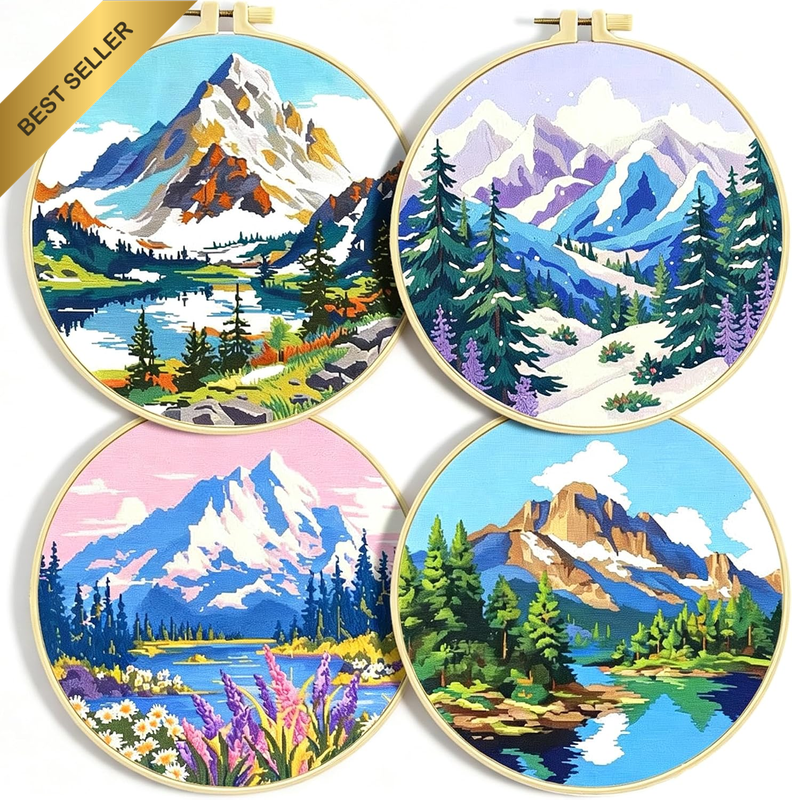 4 Pack Mountain Landscape Stamped Embroidery Kit, Four Seasons Scenery Printed C