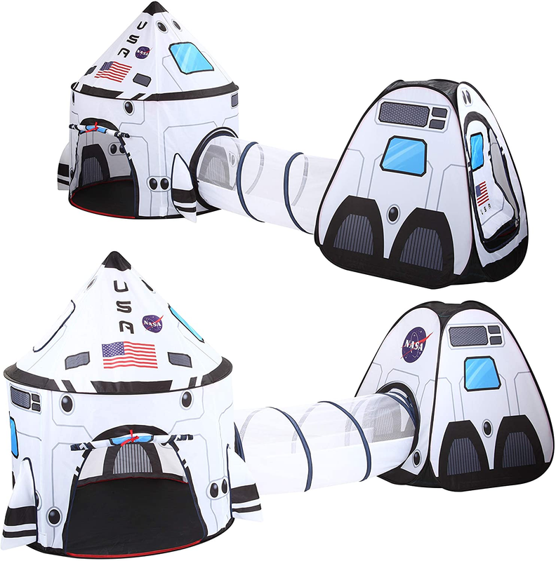 White Rocket Ship Pop up Play Tent with Tunnel and Playhouse Kids Indoor Outdoor