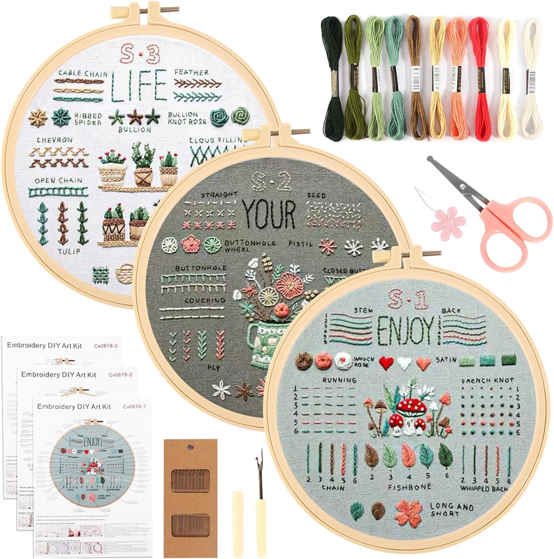 Stickset für Anfänger Blumenmuster Pflanzen Embroidery Kit mit Rahmen und Werkzeugen