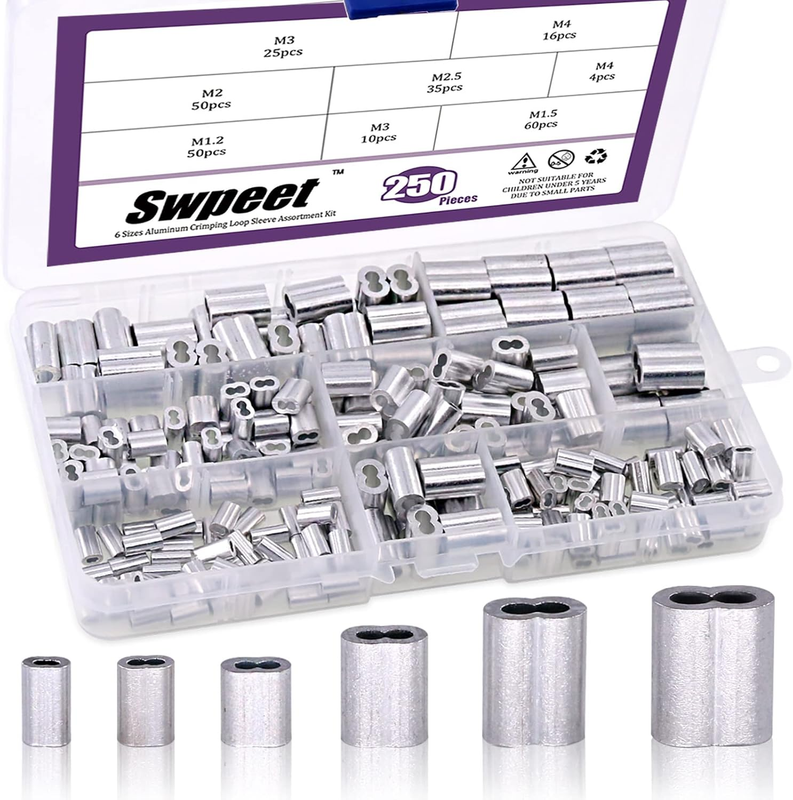 250Pcs 6 Sizes Aluminum Crimping Loop Sleeve Assortment Kit for Wire Rope and Ca