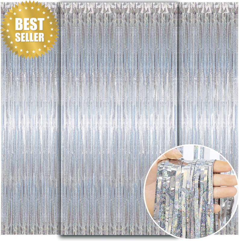 3 Pack Silver Foil Fringe Curtains Metallic Tinsel Backdrop Party Decor