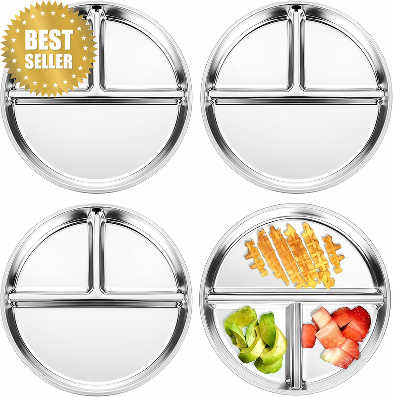 4 Packstainless Steel Kids Plates,8 Inch 3 Compartment Stainless Steel Divided P