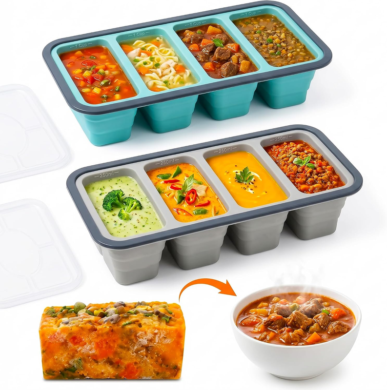 2 Pack Collapsible Silicone Freezer Tray with Lid, Soup Freezer Containers