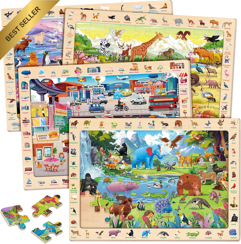 Wooden Puzzles for Kids Ages 3-5, 4 X 60 Piece Match & Find Puzzles for Kids 4-8