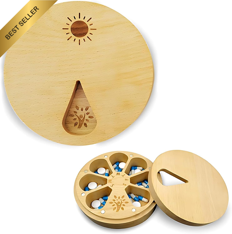 7-Day Wood Pill Organizer - Arthritis Friendly Medicine and Vitamin Box with Med