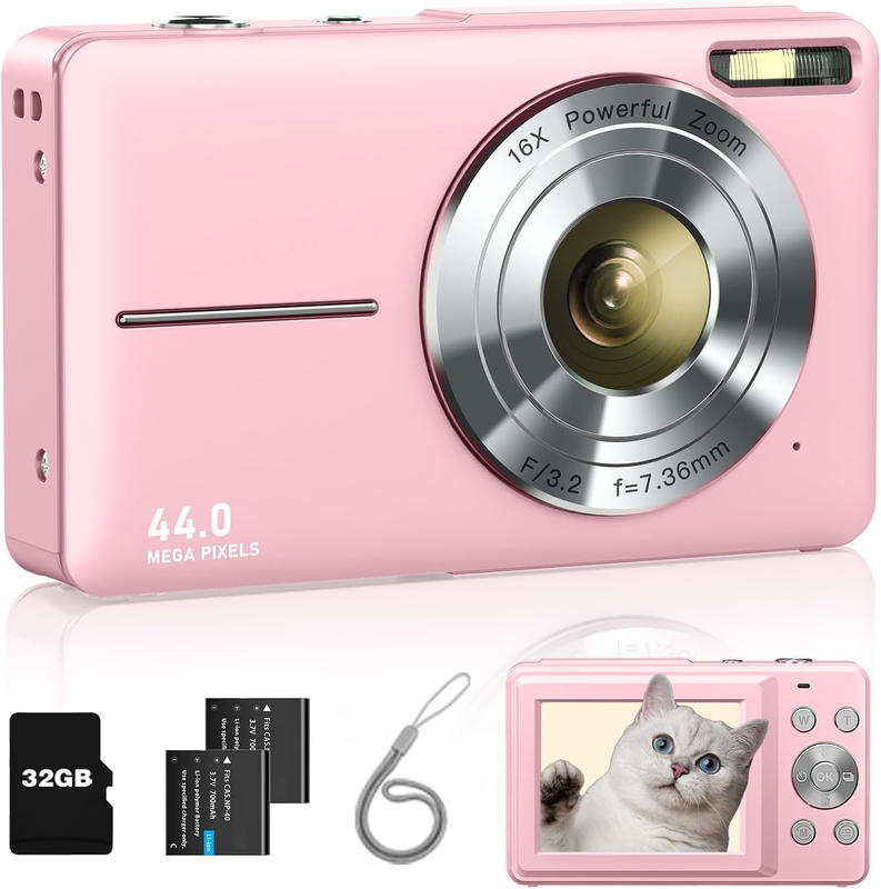 Digital Camera, FHD 1080P Point and Shoot Kids Camera, with 32GB Card, 2 Batteries, 16X Zoom anti Shake Date Stamp, Compact Portable Small, for Starter Kid Children Teen Student Girl Boy(Pink)