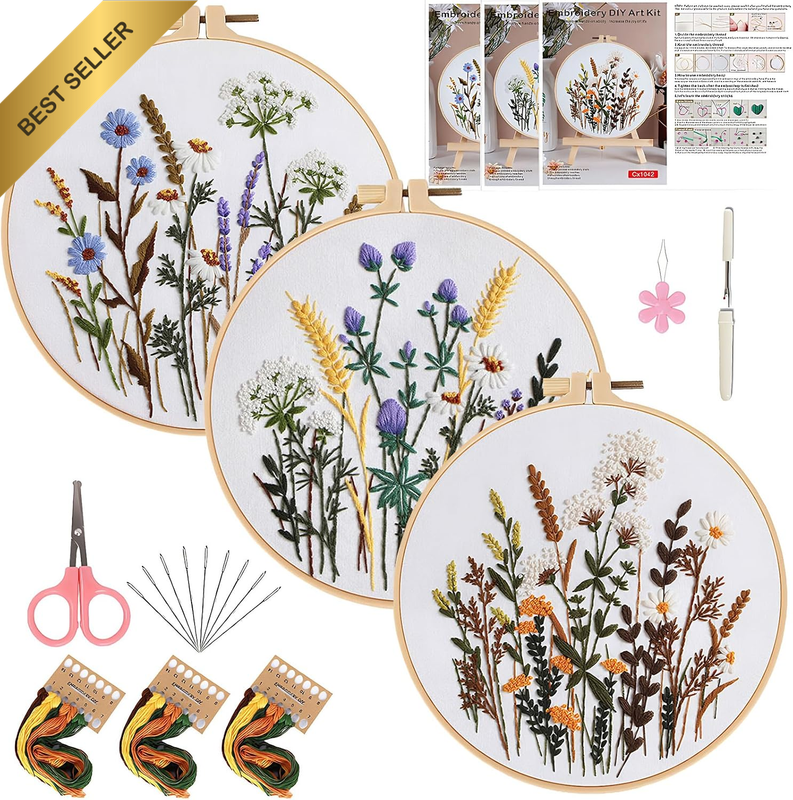 Embroidery Kit for Beginners Adults, 3 Pack Wild Grass Patterns Cross Stitch Cra