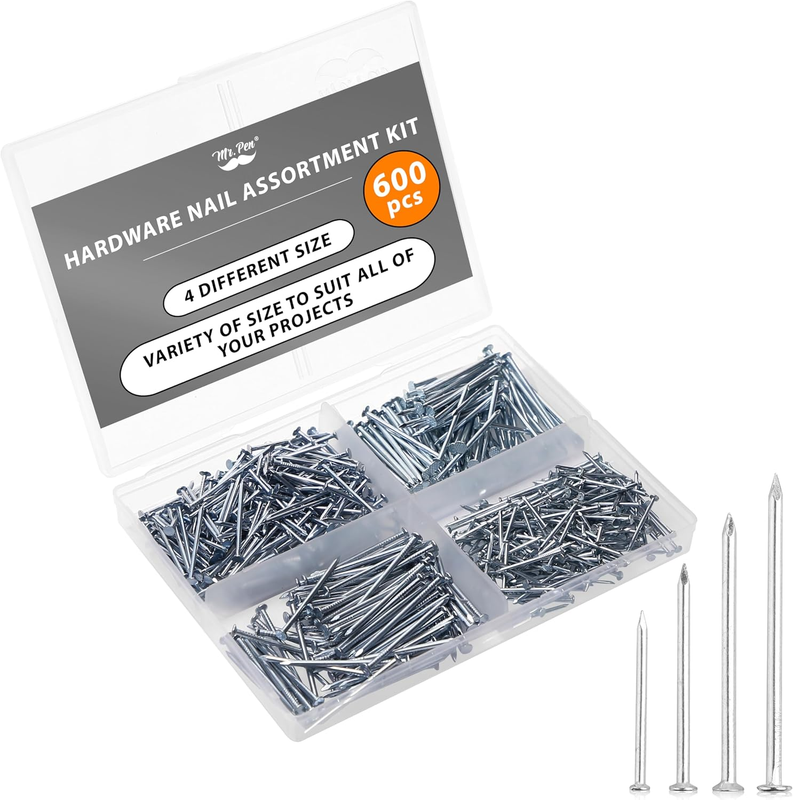 - Nail Assortment Kit, 600 Pcs, 4 Sizes, Silver Picture Hangers